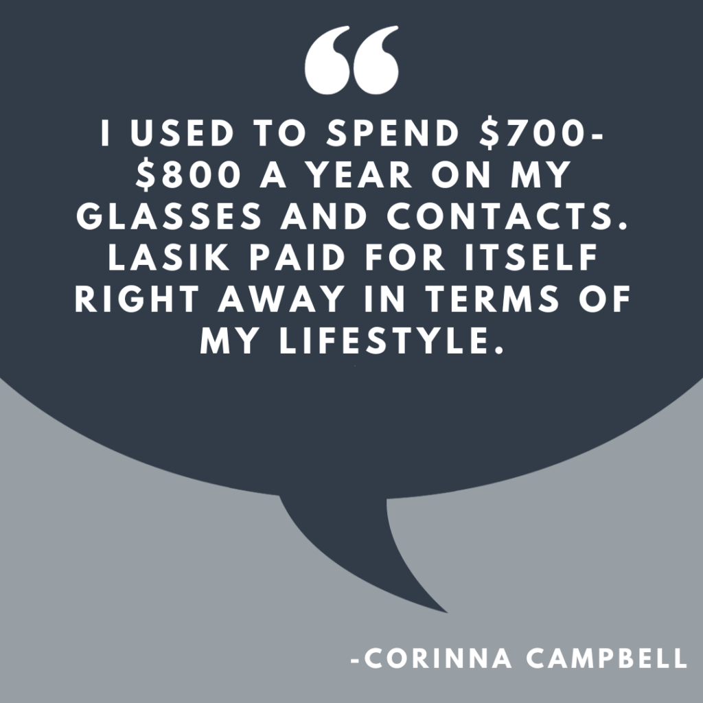 Corinna Campbell Quote: "Used to spend $700-$800 a year on glasses..... LASIK paid for itself.."