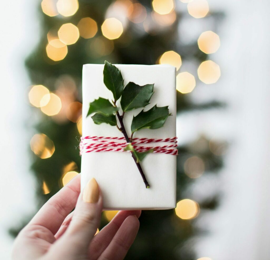Woman holding a gift with a leaf wrapped on top of it for LEC's holiday offer