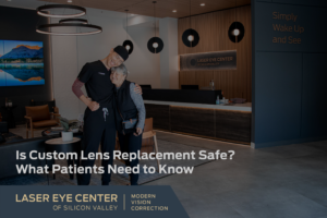 Dr. Ling and patient hugging in LEC lobby after custom lens replacement surgery