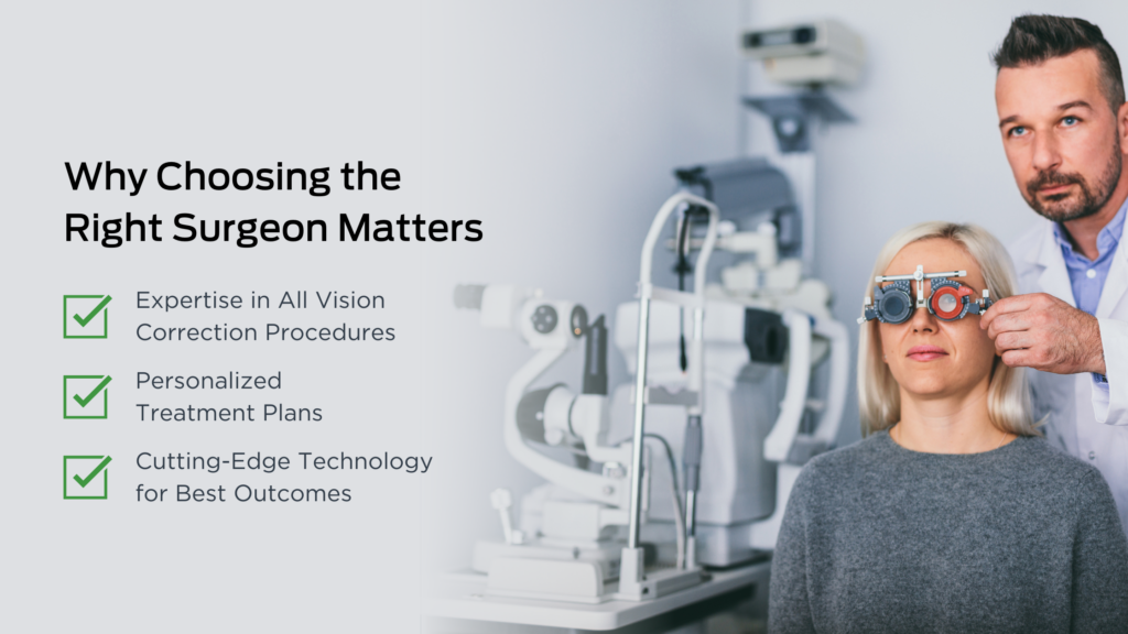 a doctor performing an eye exam on a patient next to a why choosing the right surgeon matters checklist