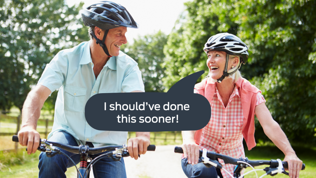 Middle aged couple biking together with the woman saying, I should've done this sooner! after getting CLR