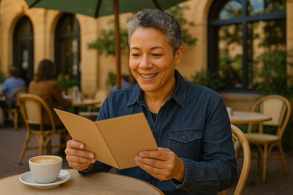 A middle-aged person enjoying an outdoor café, effortlessly reading a menu without glasses