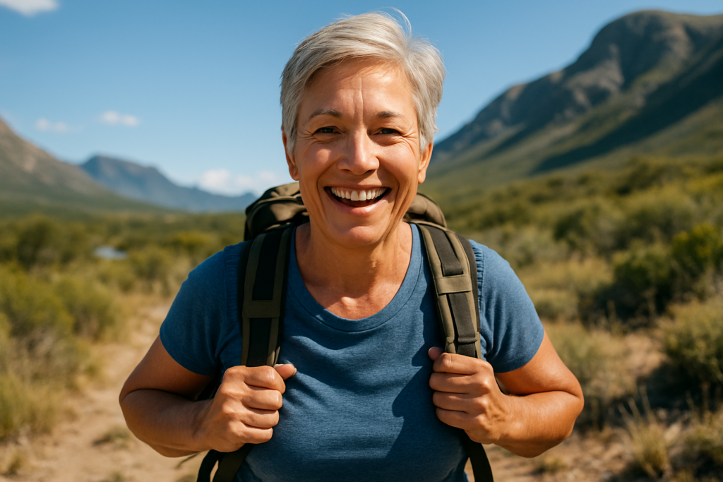 A smiling, glasses-free adult in their 50s or 60s hiking, with bright outdoor light and clear scenery