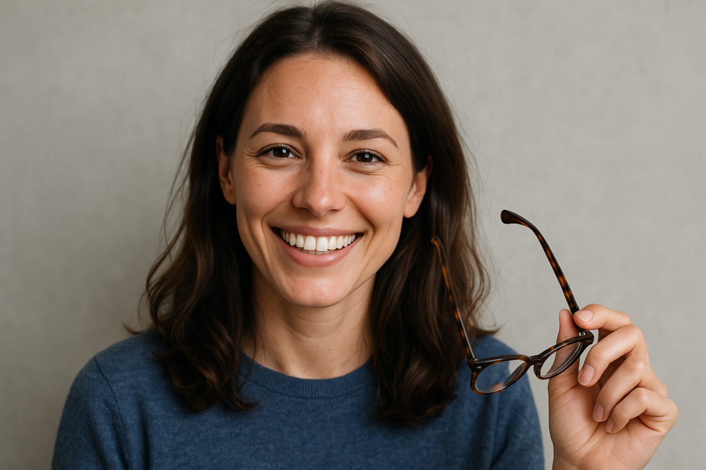 A smiling young woman wearing a blue sweater with brown short hair and brown eyes holding a pair of brown glasses in her right hand after EVO ICL