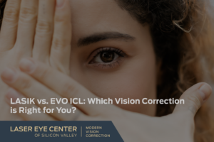 Woman covering her left eye with both hands for LASIK vs EVO ICL blog