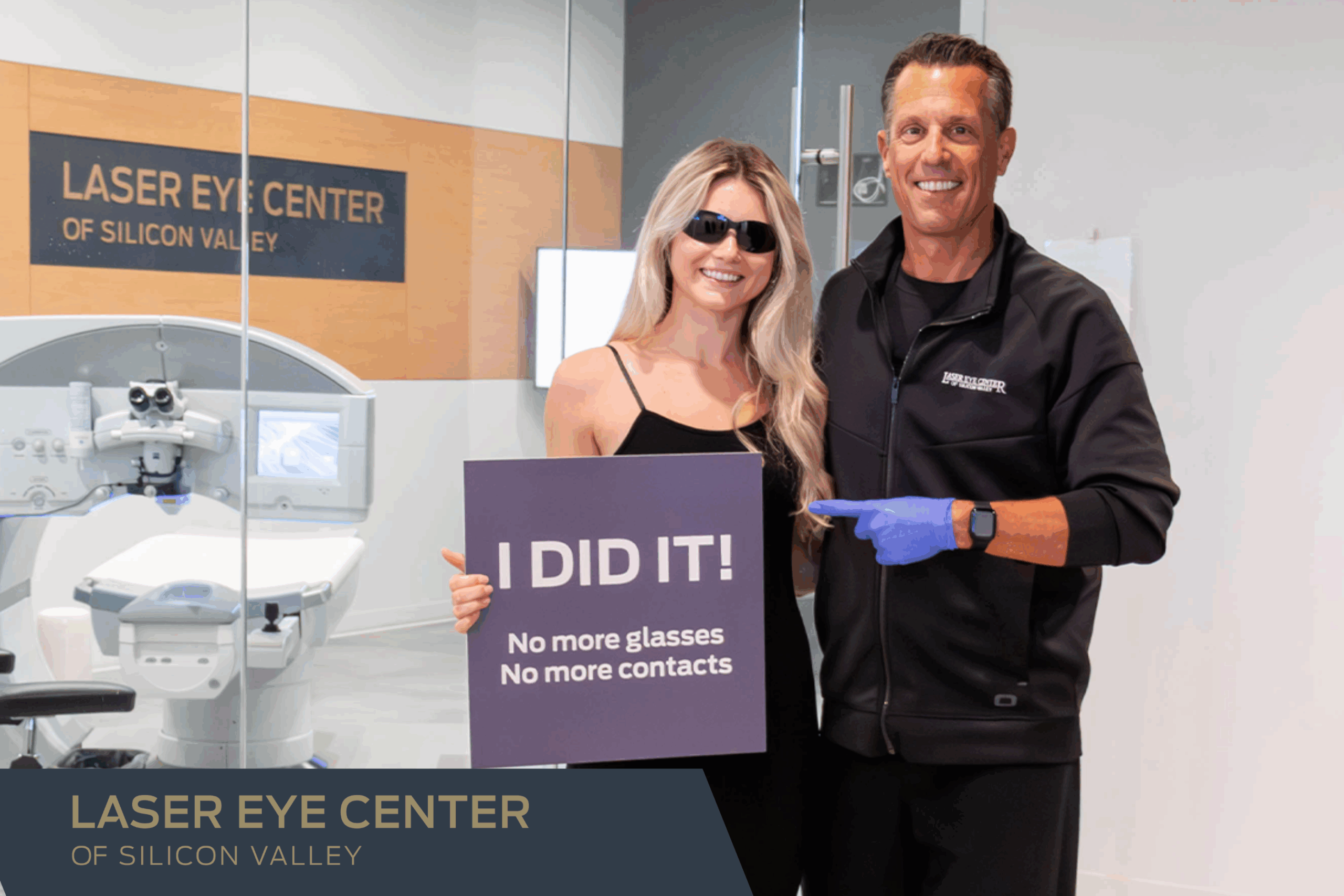 Dr. Craig Bindi of Laser Eye Center of Silicon Valley San Jose with patient post modern vision correction in front of laser room